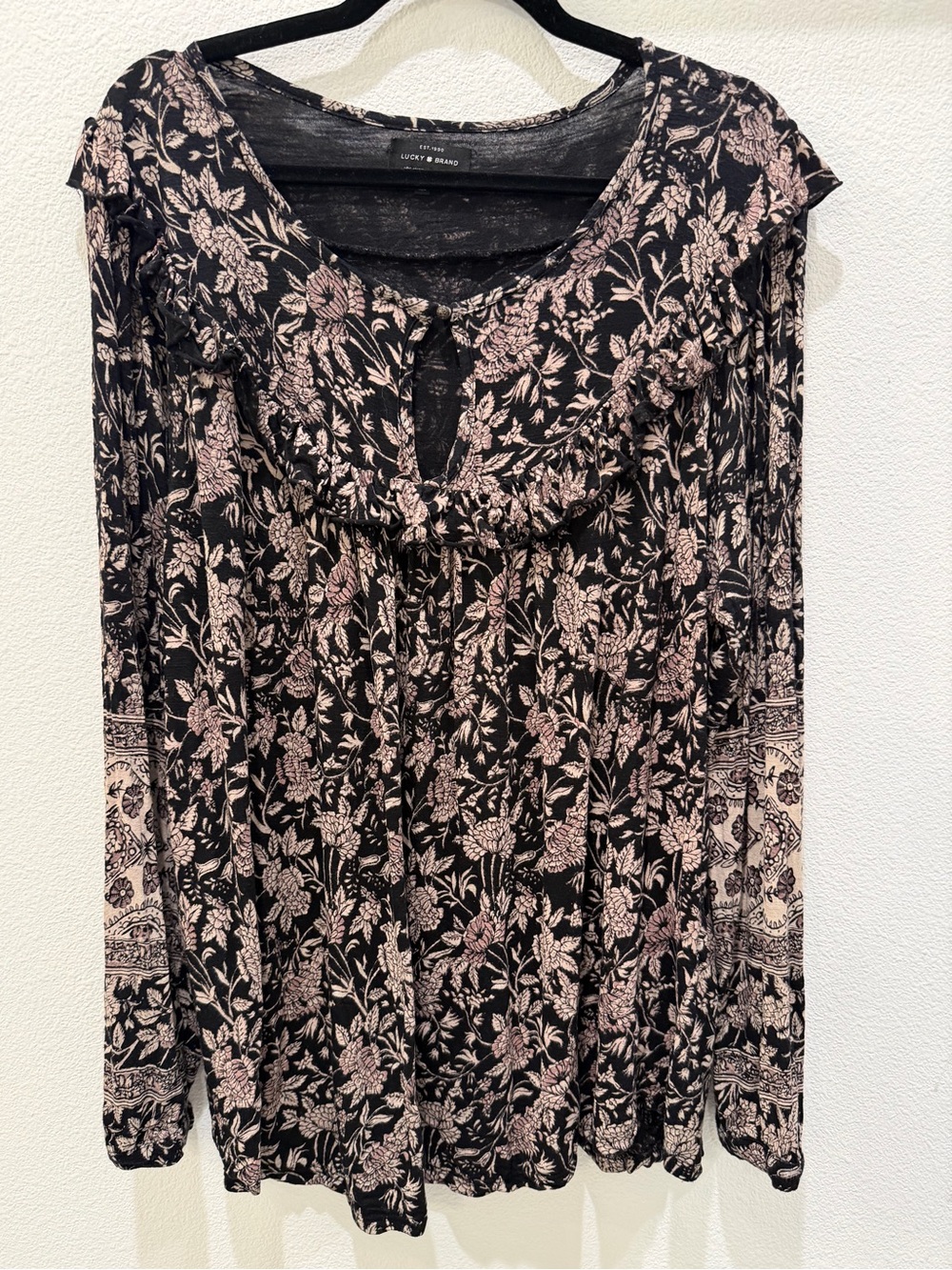 Lucky Brand Raw Edge Ruffle Floral Blouse 2XL Woodblock Boho Keyhole Top - Picture 5 of 12